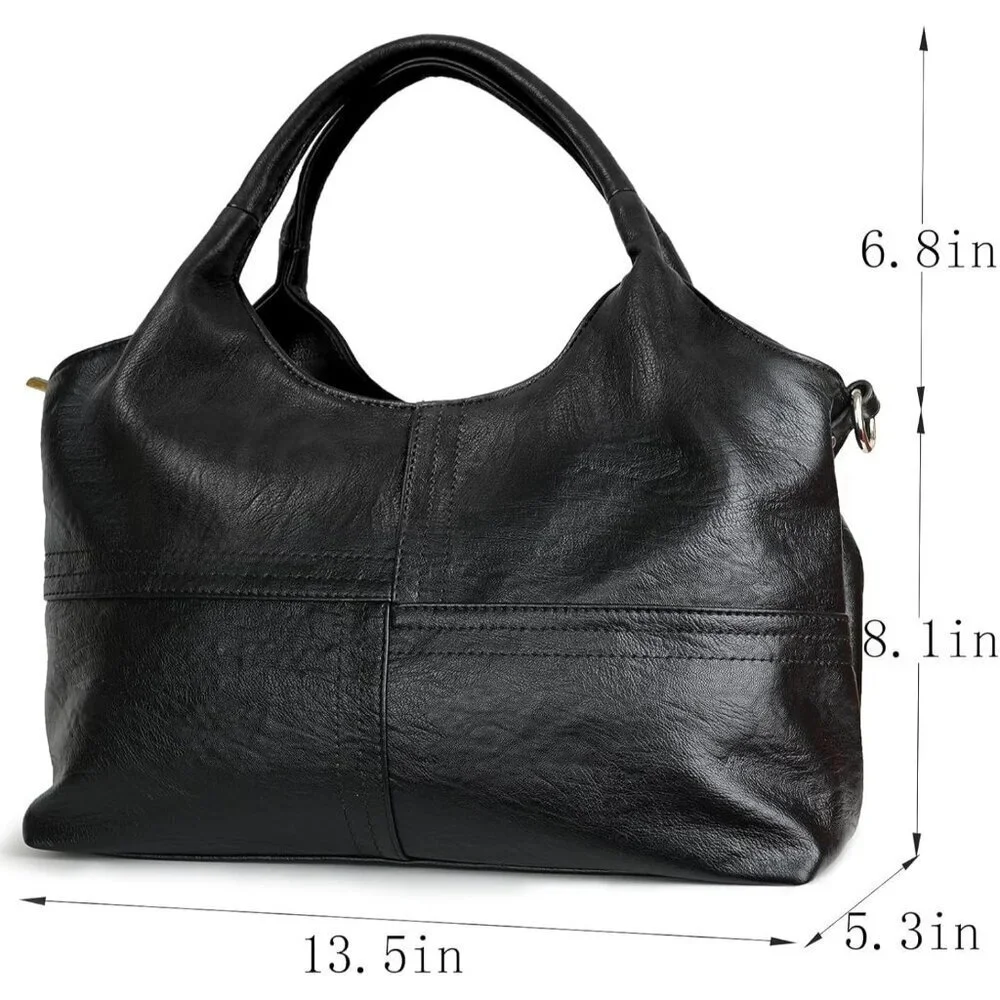 Women's Black Vegan Leather Purse Detachable Satchel Strap Hobo Bags